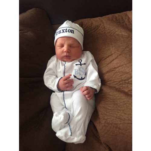 Baby boy coming home outfit, anchor newborn coming outfit, Navy outfit, monogrammed footie, baby shower gift, pima cotton, newborn photos