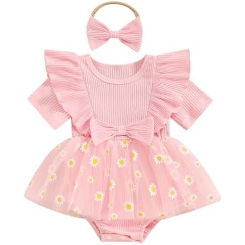 Baby Girls Daisy Romper Bowknot Bodysuit+Headband Short Sleeve Playsuits Floral Jumpsuit Infant Summer Clothes