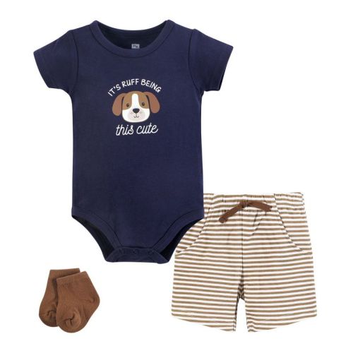Hudson Baby Infant Boys Bodysuit, Short and Sock, Ruff Being Cute Dog, 9-12 Months