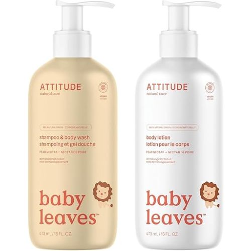 Bundle of ATTITUDE 2-in-1 Shampoo and Body Wash for Baby and Body Lotion for Baby, EWG Verified, Dermatologically Tested, Plant- and Mineral-Based Ingredients,Vegan, Pear Nectar, 16 Fl Oz