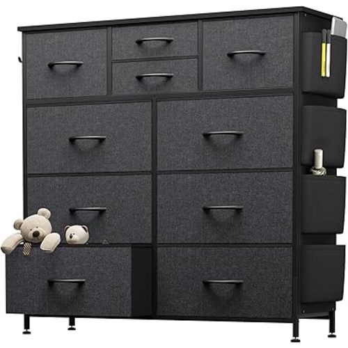 10 Drawer Dresser, Chest of Drawers for Bedroom, Fabric Dresser Drawers with Side Pockets, Hooks, Wooden Top and Sturdy Metal Frame for Living Room, Closet, Hallway (Grey)
