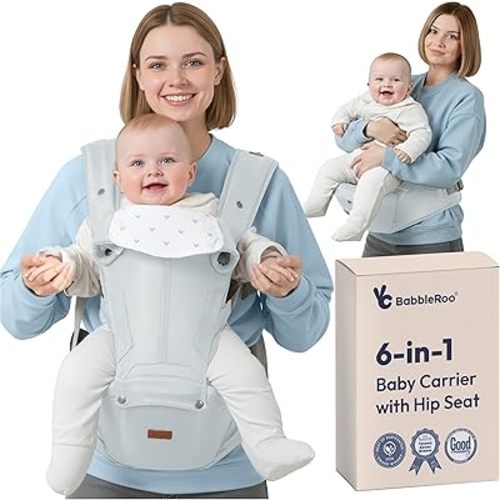 BabbleRoo 6-in-1 Baby Carrier with Hip Seat, Ergonomic Newborn to Toddler Carrier 7–50 lbs, Front Back Hip Carry, Lumbar Support, Sun Hood, Safety-Certified, Seafoam