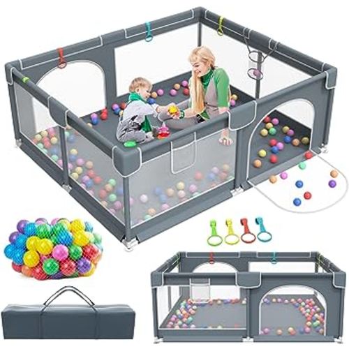 Baby Playpen, 79" x 63" Extra Large Play Yard Playpen for Babies and Toddlers with 50 Ocean Balls, Indoor & Outdoor Safety Baby Activity Center with Breathable Mesh, Anti-Slip Suckers and Zipper Gate