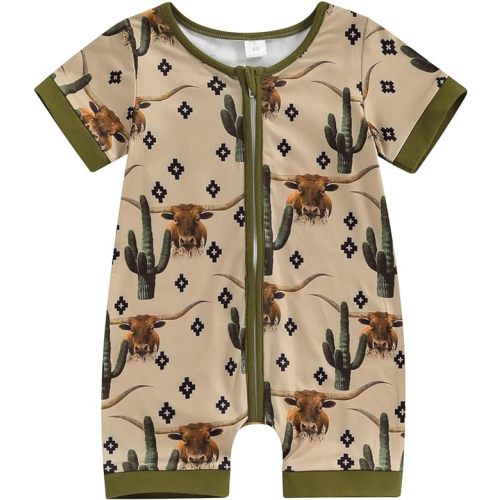 Newborn Baby Boys Long Sleeve Jumpsuit Western Cow Print Zipper Romper Bodysuit Toddler Fall Clothes - 6-12 Months - Short Sleeve Army Green