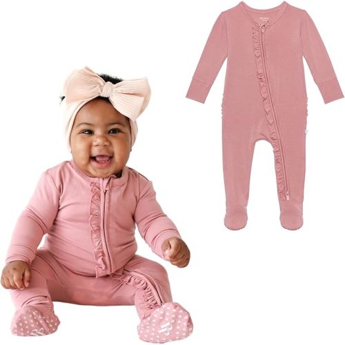 Posh Peanut Footie Pajamas for Baby Girls – Sleepers in Ultra-Soft Viscose from Bamboo with 2-Way Zipper & Ruffle Trim