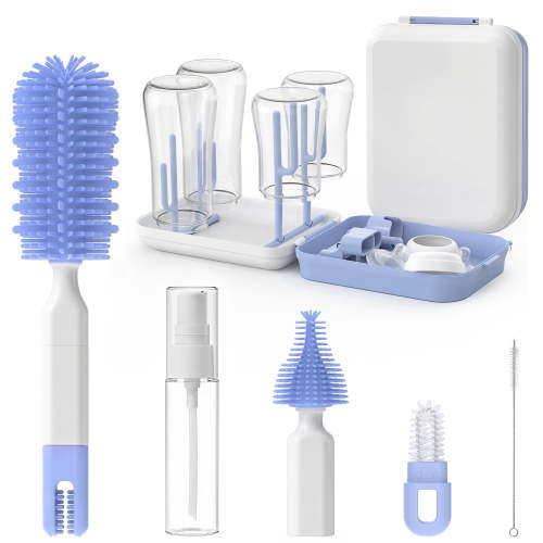 Minikid Baby Bottle Brush Set, 9-in-1 Portable Travel Bottle Cleaning Kit, BPA-free, Compact Travel Baby Essential for Home & on the Go, Blue-Purple