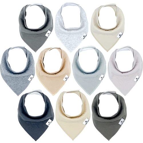 Diaper Squad 100% Organic Cotton Neutral Solid 10-Pack Baby Drool Bandana Bibs for Boys and Girls, Plain Colors