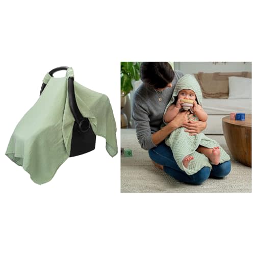 Muslin Cotton Baby Car Seat Cover and 2 Pack Baby Hooded 9 Layer Muslin Cotton Towel Bundled by Comfy Cubs