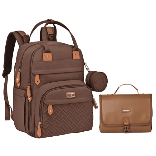 BabbleRoo Diaper Bag Backpack, Waterproof Original Backpack with Premium Vegan Leather Changing Pad Set – Coffee Brown
