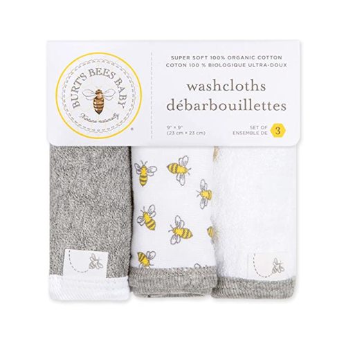 Burts Bees Baby Infant Washcloths Made of 100% Organic Cotton, Soft and Super Absorbent Knit Terry Cloths, 3-Pack Newborn Bath Essentials, Heather Gray and White Wash Cloths - Honeybee Cloud