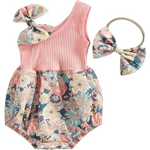Infant Newborn Baby Girl Floral Romper Kids Spaghetti Strap One Piece Jumpsuit Shorts Toddler Summer Overall Clothes - One Shoulder Retro Pink - 3-6 Months