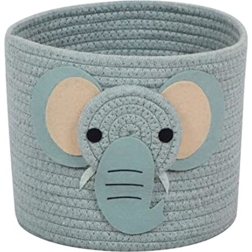 T&T Homewares Small Cotton Rope Baskets with Safari Theme Design for Baby Diaper Organizer, Nursery Storage, Nursery Room Decor, Kids Room Organizer, Cat Dog Toy Storage (Small Elephant)