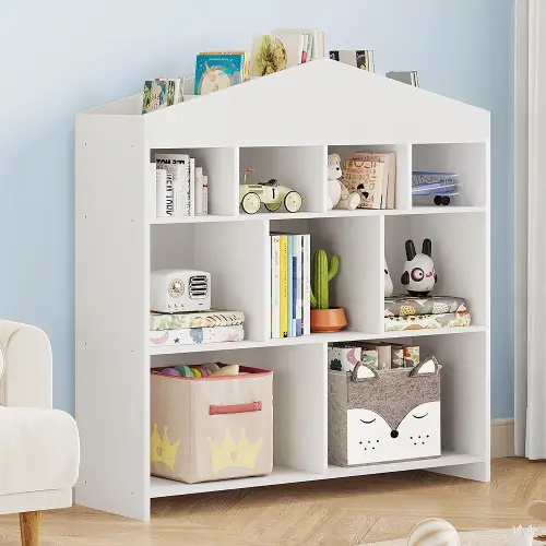 GAOMON Kids Bookshelf 9-Cubby Toy Storage Organizer White Bookcase Toddlers Playhouse Cabinet Shelf for Boys Girls Wooden Storage Toy Shelf for Playroom, Nursery, Kids Room