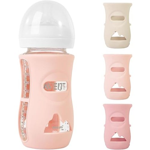 3 Pack Silicone Sleeves for Philips Avent Natural Glass Baby Bottles, Anti Breakage Baby Bottle Holder for Baby Girls, Compatible with Philips Avent Glass Natural Baby Bottle, 8 oz