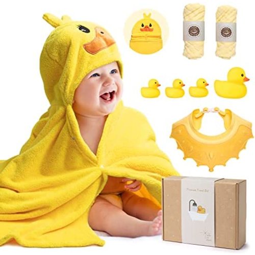 8-Piece Hooded Baby Bath Towel Set, ode to thee Baby Gifts Set, Ultra Soft Baby Towels for Infants, Toddler, Boys, Girls, with Baby Kids Shower Cap, 2 Baby Washcloths & 4 Bath Duck Toys
