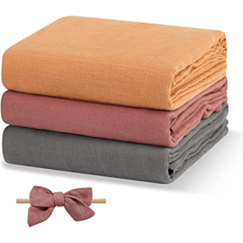 Papablic Muslin Swaddle Blankets, 3-Pack Soft Silky Swaddle Blankets for Boys and Girls, Cotton Newborn Receiving Blanket with 1 Hair Bows, Solid Color, Large 47 x 47 inches