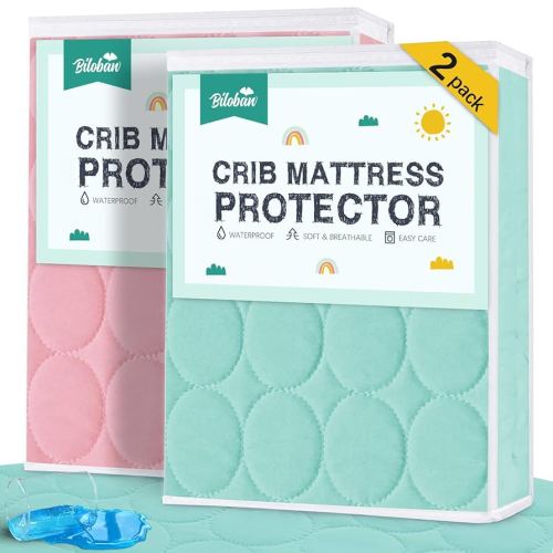 Crib Mattress Protector Sheets Waterproof 2 Pack, Quilted Crib Mattress Pad Cover Fitted Fits for Baby Toddler Bed Mattress, Aqua & Pink, 52” x 28”