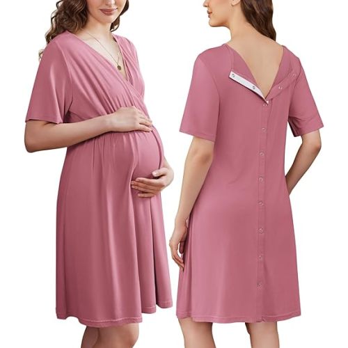 Ekouaer Labor and Delivery Gown for Hospital Short Sleeve Maternity Nursing Dress Nightgown with Button S-XXL