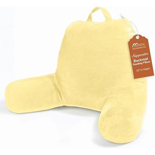 Sasttie Reading Pillow, Velvet Back Pillow for Bed Sitting Up, Adult Back-Rest Support Cushion with Arms for Sit Up on Couch, Sofa, and Floor, Dorm Essentials, Reading Accessories, Light Yellow
