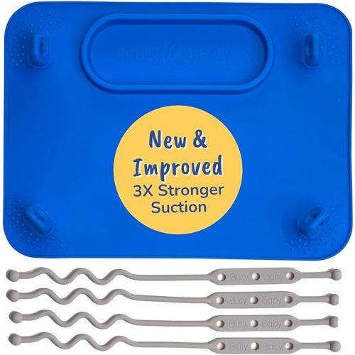 BUSY BABY Silicone Mat - New and Improved Suction Cups, 4 Straps to Secure Baby Essentials, Self Feeding, Baby Led Weaning, Travel Sleeve Included (Blue)