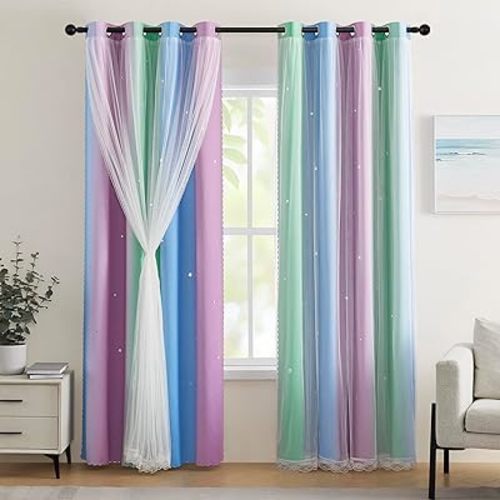 XiDi Blue & Rainbow Curtains for Bedroom & Kids Room - Blackout, Unicorn Wall Decals, 52X84 Inch Long, 1 Panel