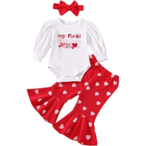 Meihuida My First Valentines Day Baby Girl Outfit Long Sleeve Romper Heart Pants Headband 3Pcs Clothes Set