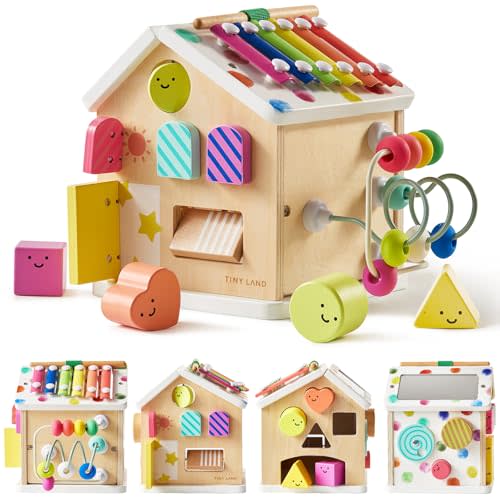 Tiny Land 9-in-1 Wooden Activity Cube, Montessori Baby Activity Center for 1+ Year Old, Educational Toy for Toddlers, Ideal Gift for Girls and Boys (Rainbow)