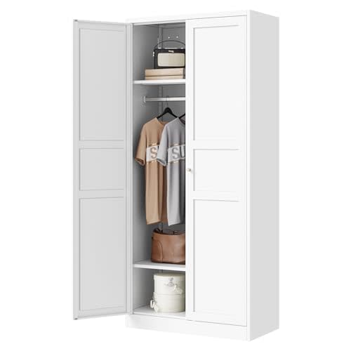 Letaya Wardrobe Armoire Closet,72" H Metal Storage Cabinet with Adjustable Shelves and Hanging Rod,Bedroom Armoire Cabinet Clothes Organizer (White)