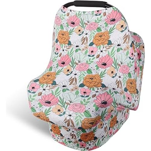 Rquite Baby Car Seat Cover, Floral Carseat Cover Girls Boy, Breathable Nursing Cover for Breastfeeding, Stretchy Infant Car Seat Cover, Multi Use Car Seat Canopy Baby Carrier Cover Stroller Covers