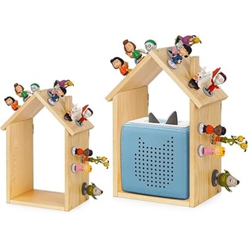for Tonies Shelf Magnetic - for Tonies Figure Organizer Kids Room, Wooden Display Shelf for Tonies Box Holder, Wall Floating Shelves Toy Storage, House Shape Set of 2 with 38Pcs Adhesive Metal Plate