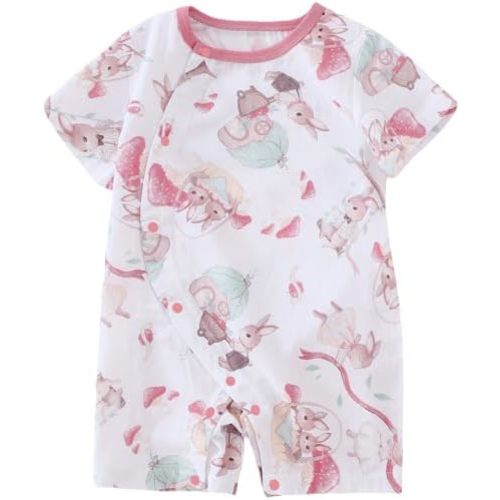 3 - 6 months BINIDUCKLING Baby Short Sleeve Side Snap Muslin Romper