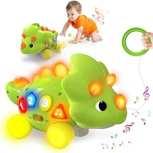 Baby Toys for 1 Year Old Boy Girl - Bilingual Musical Dinosaur Toy, Touch & Go Musical Light Crawling Educational Learning Toys for Toddlers 1-3, Christmas Birthday Gifts