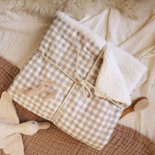 Gingham Baby Blanket, Gingham Check Print , Beige Checkerboard Sherpa Throw, Stroller Blanket, Newborn Baby Gift,  Baby shower gift