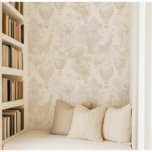 Animal Safari Toile Peel and Stick Wallpaper, French Country Beige Nursery Wallpaper, Removable Self Adhesive for Kids Room, Whimsical Elephant Giraffe and Hot Air Balloons