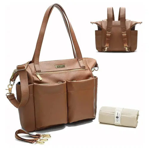 miss fong Diaper Bag Tote Leather Diaper Bag Backpack Large Tote Bag,Baby Diaper Bag for Women with 11 Pockets,Changing Pad, Stroller Straps,4 Insulated Pockets