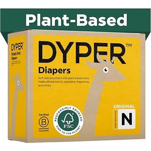DYPER - Baby Diapers Hypoallergenic Cloth Alternative Day & Overnight Protection - Made with Plant-Based* & Honest Ingredients - Size 0 (204 Count)