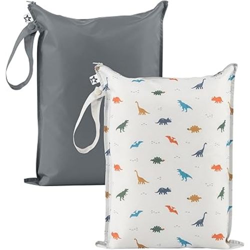 Tiny Twinkle Mess-Proof Waterproof Wet Dry Bag | 2 Pack Reusable for Swimsuits, Gym & Baby Clothes | Leakproof Wet Clothes Bag, Beach Travel Essentials (Dinosaur)