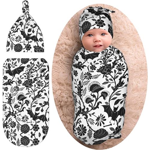 Halloween Goth Bats Flower Halloween Baby Stuff Newborn Baby Swaddle Blanket Gothic Swaddle Wrap Soft Sleep Sacks Stretchy Receiving Blankets with Hat for Boy Girl Infants Gifts - Halloween Bat - One Size