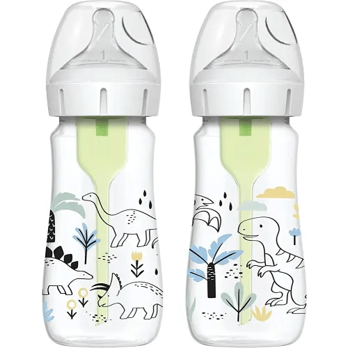 Dr. Brown's Natural Flow® Anti-Colic Options+™ Wide-Neck Baby Bottle Designer Edition Bottles, Dino Decos, 9oz/270mL, Level 1 Nipple, 2-Pack, 0m+