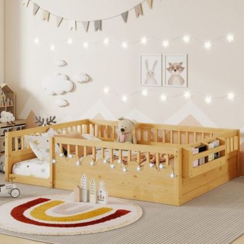 JUJABU Full Natural Wood Floor Bed Frame with High Rails, Built-In Light & Storage Shelf for Kids