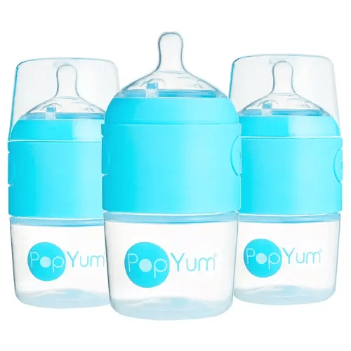PopYum 5 oz Blue Anti-Colic Formula Making/Mixing/Dispenser Baby Bottles, 3-Pack with #1 Slow Flow Nipples, 150 ml, BPA-Free, Natural Latch