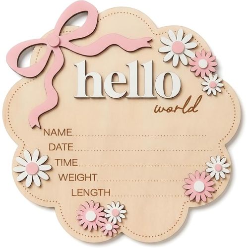 Baby Announcement Sign, 6.2 in Wooden Hello World Newborn Sign with 3D Pink Bow and Daisies, Birth Announcement Sign for Hospital, Welcome Baby Girl Name Plate and Nursery Decor (Flower)