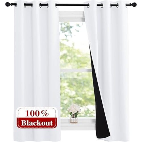 NICETOWN Pure White 100% Blackout Lined Curtains, 1 Pair, 37" Width x 60" Length Each Panel, 2 Thick Layers Narrow Wide Window Treatment Panels Thermal Insulated Drapes for Kitchen Small Window