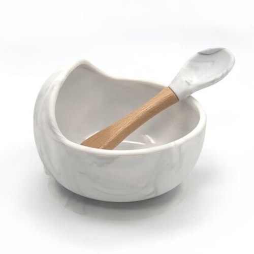 Silicone Bowl & Spoon Set, Grey Marble