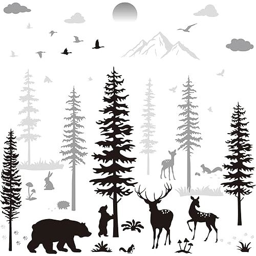 Nursery Wall Decals - Forest, Deers, Bears, Pine Tree Wall Stickers - Mural Art Wallpaper for DIY Children Room Nursery Vinyl Removable Decals (Classic Style)