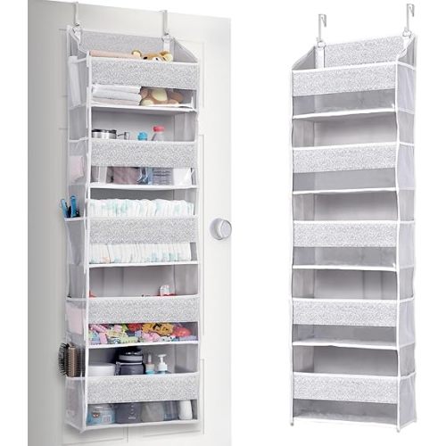 ULG 1 Pack Over Door Organizer with 5 Large Pockets 10 Mesh Side Pockets, Upgraded Linen Texture Over The Door Storage, 44 lbs Weight Capacity Hanging Storage Organizer, Light Gray