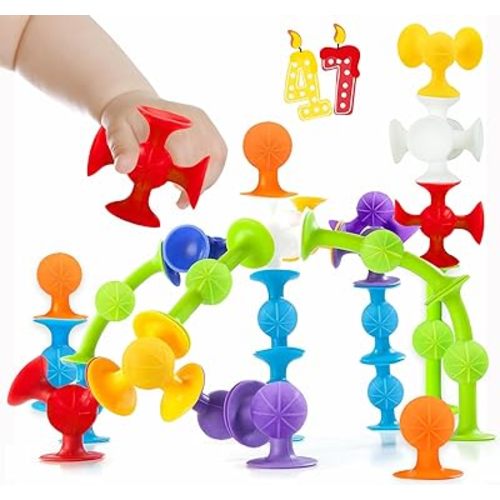 Suction Bath Toys for Baby, 47 Piece Starter Set Suction Cup Toys Stocking Stuffers Pop Darts Preschool Sensory Fidget Toys for Toddlers 1-3 4-8 | No Hole Bath Toy | BPA Free (Large)