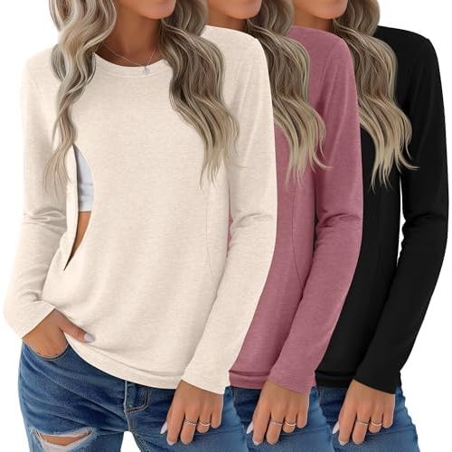 3 Pack Nursing Tops for Breastfeeding Maternity Shirts Zipper Long Sleeve Round Neck Knit Casual Nursing Clothes