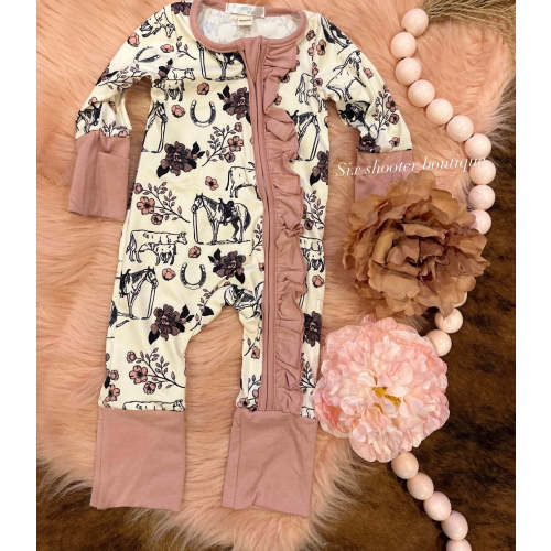 Cowgirl life ruffle baby sleeper has fold over hands and feet