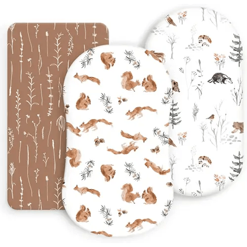 Stretchy Ultra Soft Fitted Bassinet Sheet Set 3 Pack, Universal Fit for Bassinets Baby Cradle Moses Basket Oval Rectangle Mattress Safe and Snug, Cute Jungle Squirrels and Animals